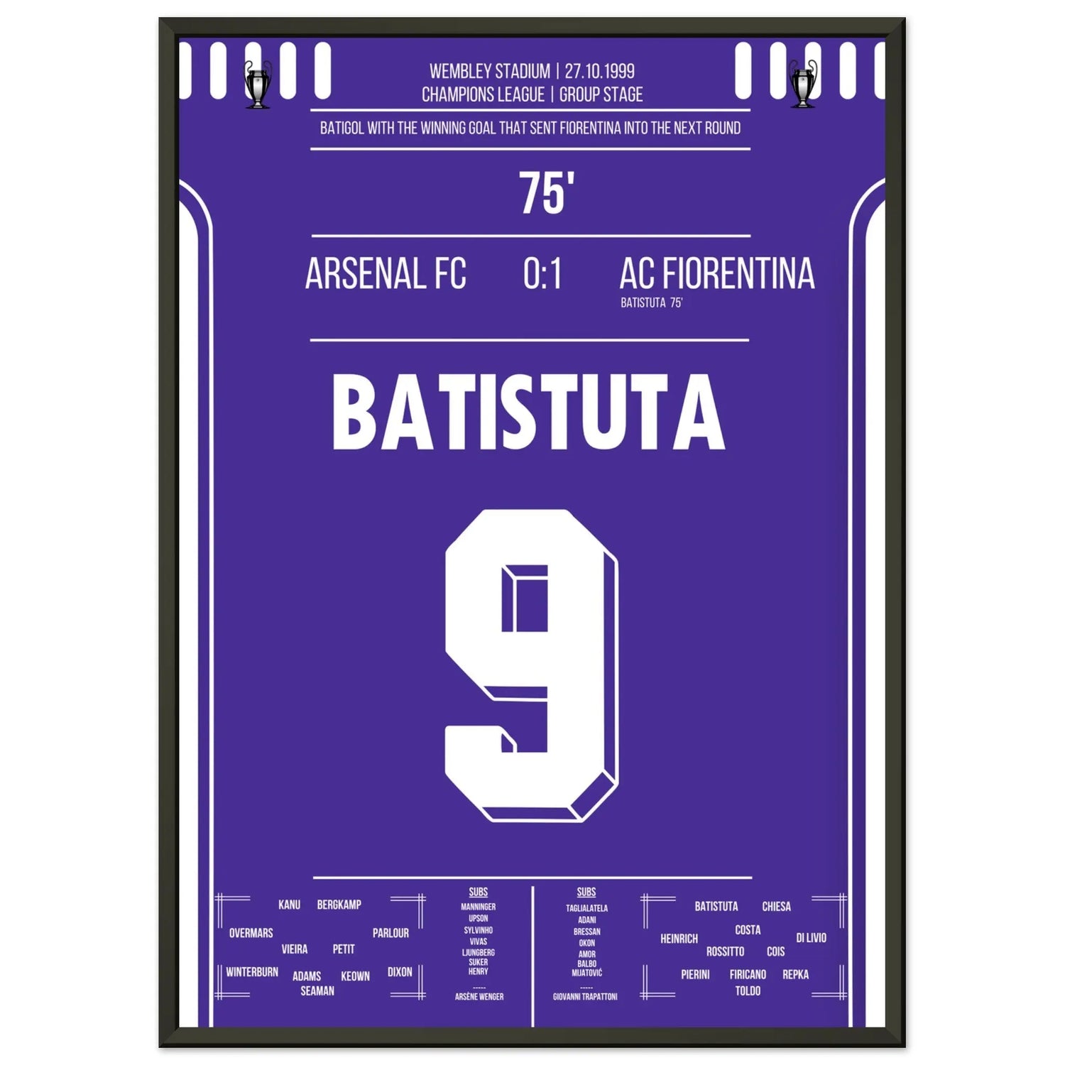 Batistuta schießt die Fiorentina in die nächste Runde Champions League 1999/00 50x70-cm-20x28-Schwarzer-Aluminiumrahmen