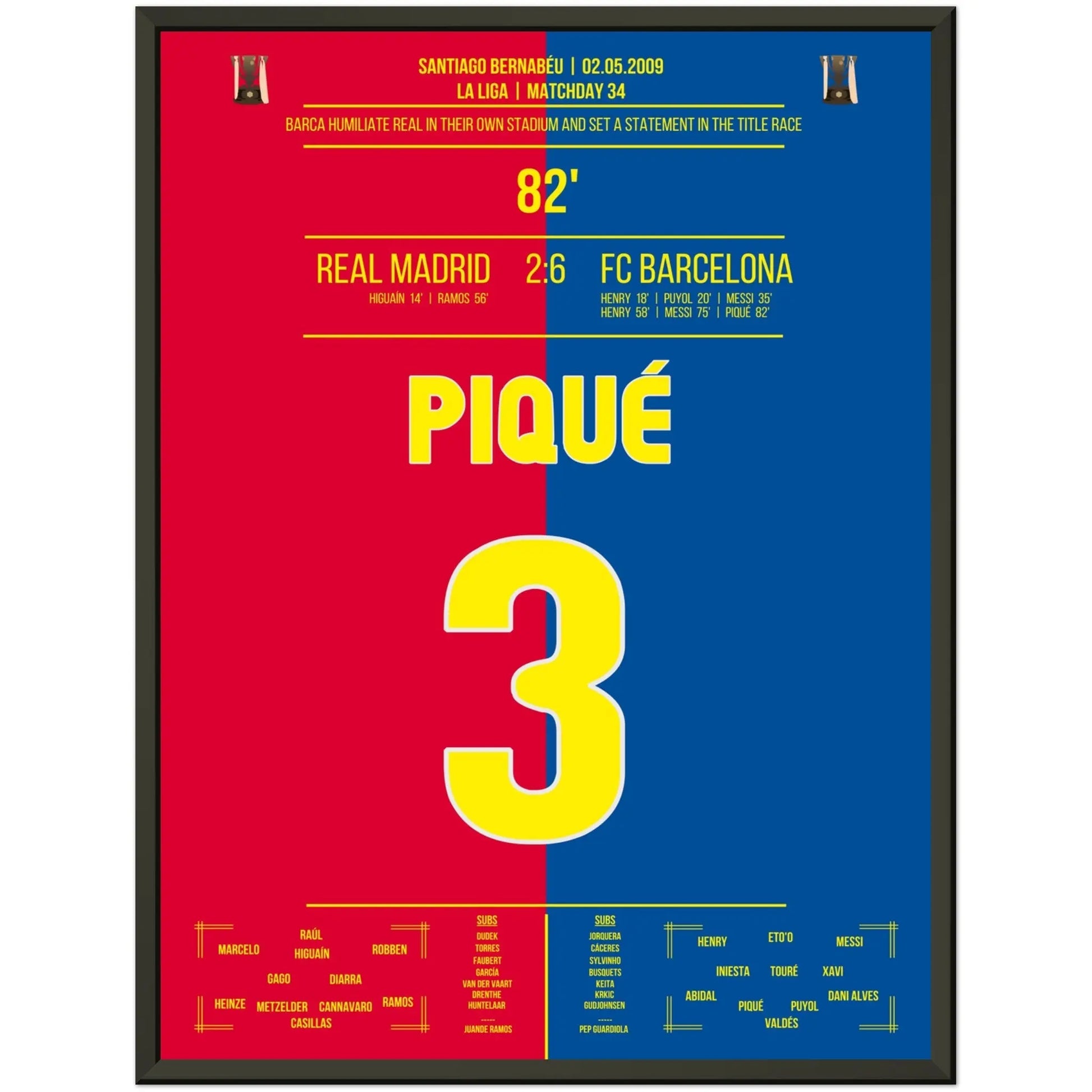 Barcelona's Machtdemonstration im Bernabéu in 2009 | Piqué's Tor 45x60-cm-18x24-Premium-Semi-Glossy-Paper-Metal-Fra