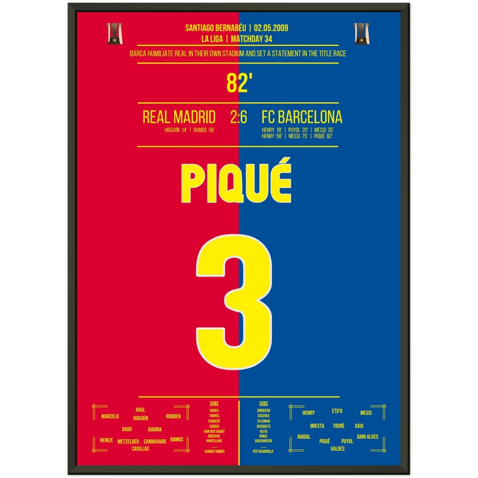 Barcelona's Machtdemonstration im Bernabéu in 2009 | Piqué's Tor 50x70-cm-20x28-Premium-Semi-Glossy-Paper-Metal-Fra