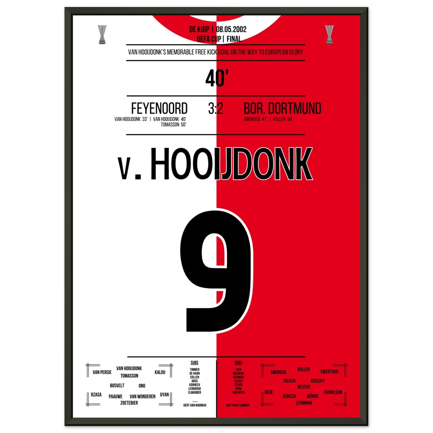 Van Hooijdonk's Freistosstor bei Feyenoord's Europapokaltriumph 2002 50x70-cm-20x28-Schwarzer-Aluminiumrahmen